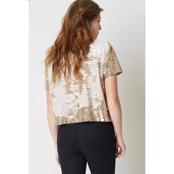 Womens Buckle Ark & Co Gold Metallic Bling Sequin Stunning Holiday Top - Sz S - Picture 3 of 5